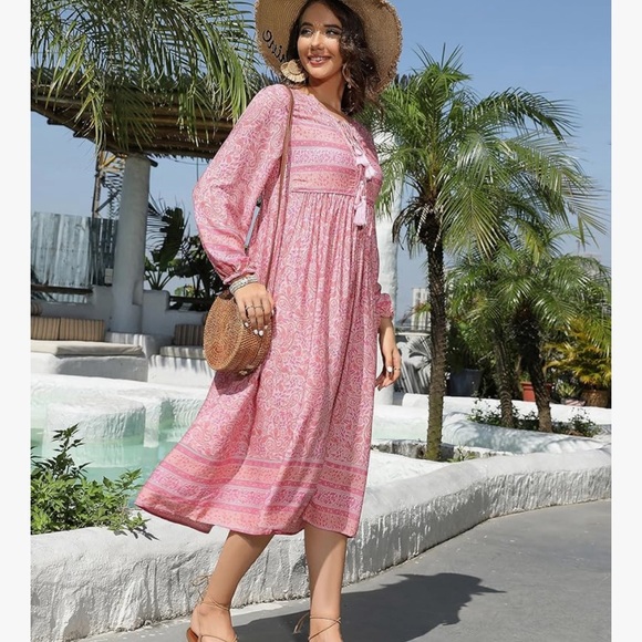 Long Sleeve BLUSH Floral Print Tassel Tie Top Bohemian Midi Dress - Picture 3 of 5